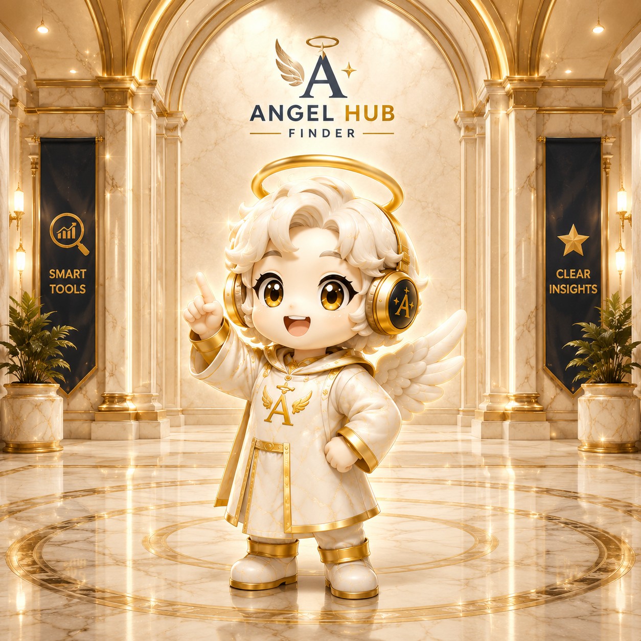 Hubby มาสคอตของ Angel Hub Finder ยืนอยู่ในห้องโถงหินอ่อนสีทอง ชี้นิ้วขึ้น พร้อมโลโก้ Angel Hub Finder ด้านบน